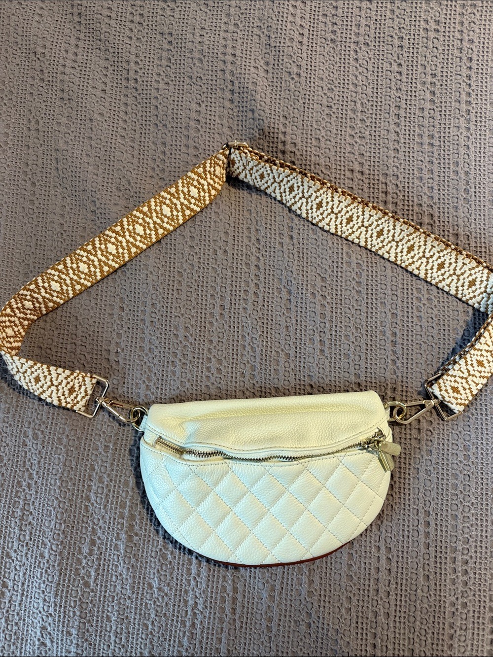 Cream Quilted Mini Crossbody Bag with Patterned Webbing Strap
